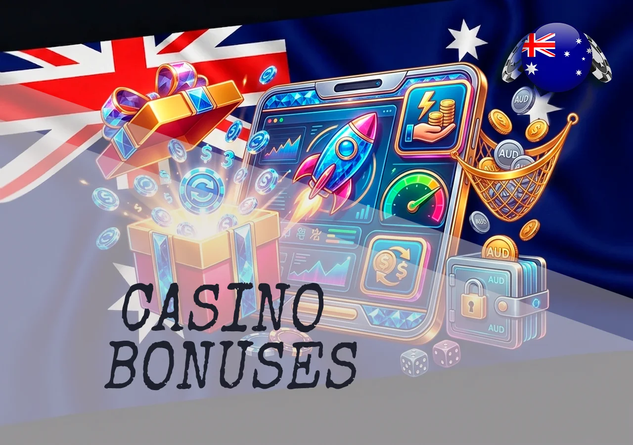 Bonus types at fast withdrawal casinos in Australia, including welcome bonus, free spins, reload bonus, cashback, and balance boost