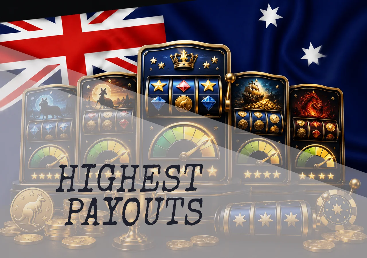 List of the highest paying online pokies for Australian players with game cards, RTP meters, and trophy