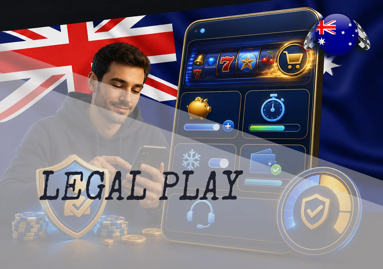 Legal realities for Bonus Buy pokie players in Australia with law, Australia map, protection, and secure casino interface